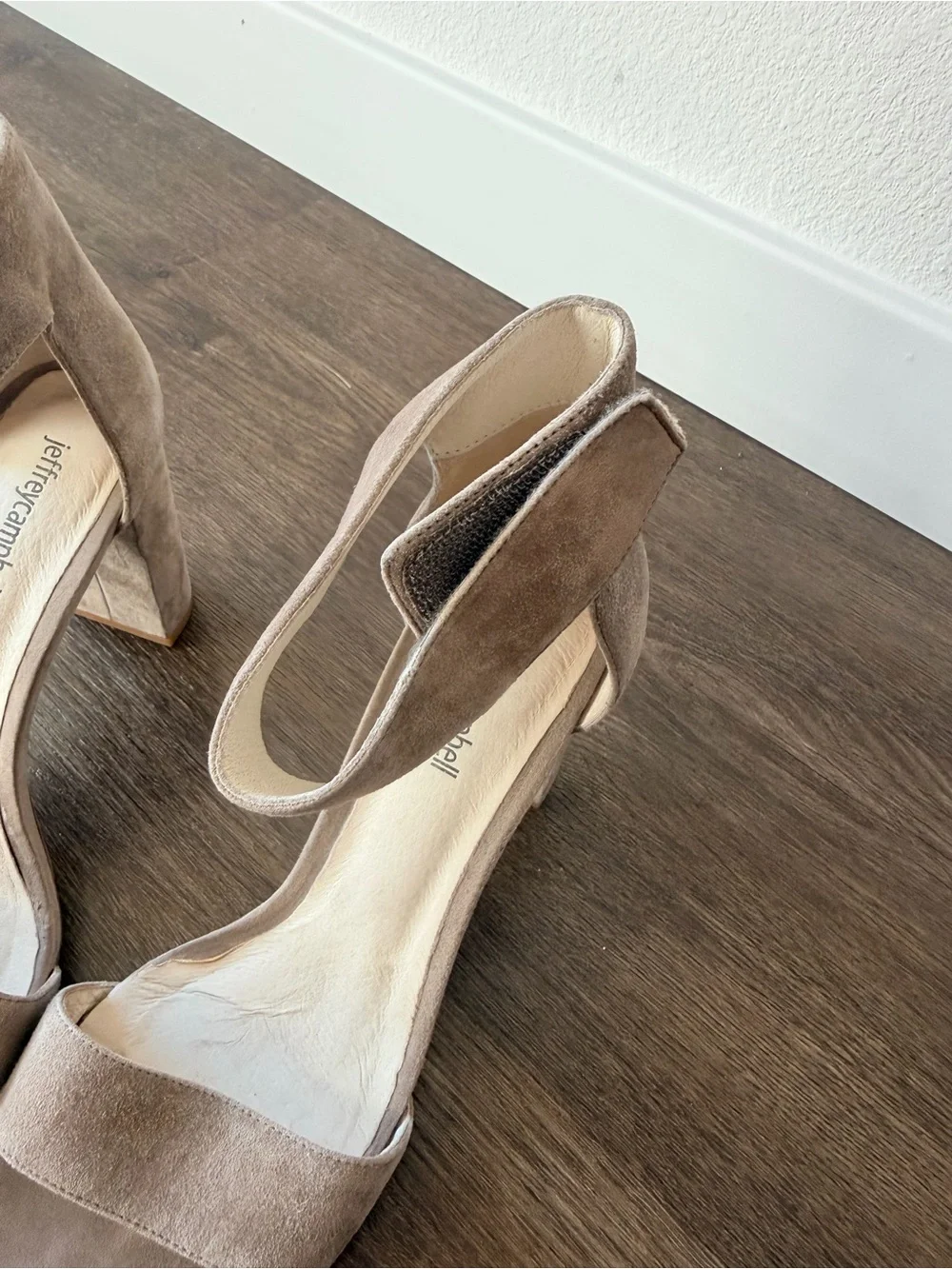 Jeffrey Campbell Taupe Suede Block Heel Sandals with Ankle Strap